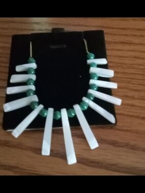 Green and White Statement Beaded Necklace14kt Gold Necklace  22inch with malachi